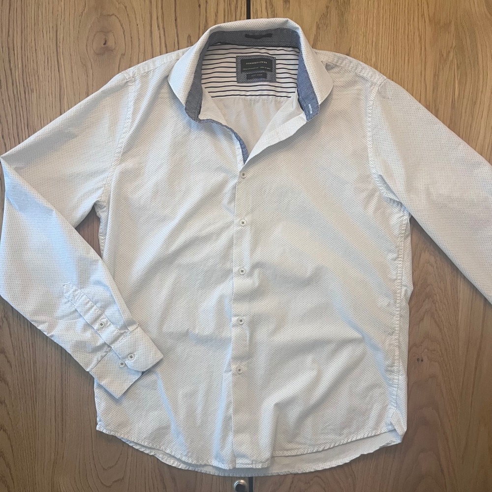 Denim & Flower Ricky Singh Mens White Micro Dot Slim Fit Button Down Shirt M
